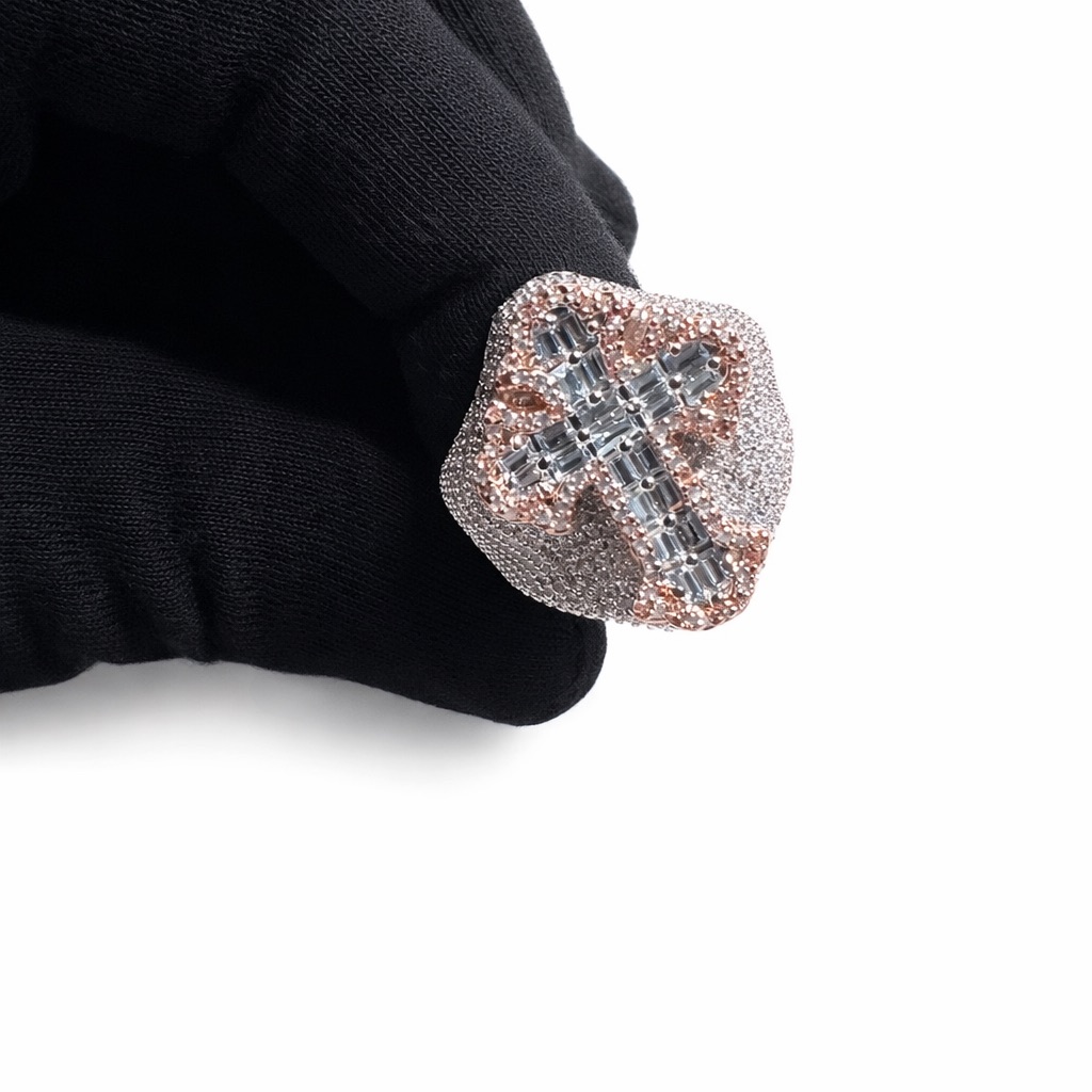 Moisonatte Rose Gold And Silver Crystal Cross Ring